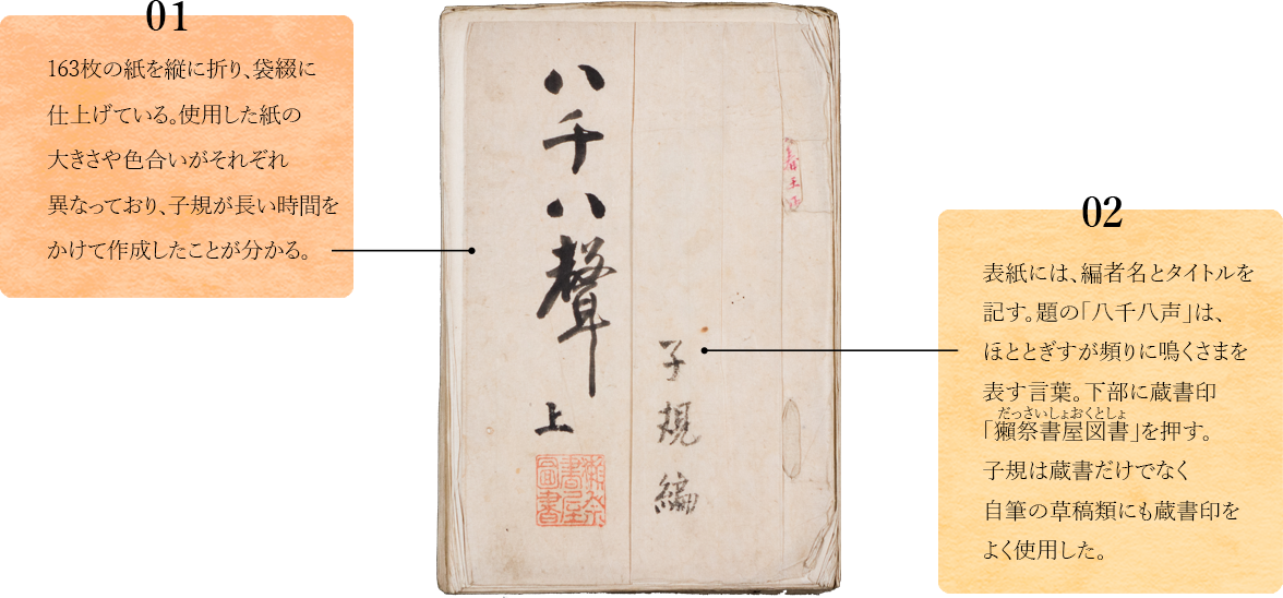 01.　163枚の紙を縦に折り、袋綴に仕上げている。使用した紙の大きさや色合いがそれぞれ異なっており、子規が長い時間をかけて作成したことが分かる。02.　表紙には、編者名とタイトルを記す。題の「八千八声」は、ほととぎすが頻りに鳴くさまを表す言葉。下部に蔵書印「獺祭書屋図書」を押す。子規は蔵書だけでなく自筆の草稿類にも蔵書印をよく使用した。
