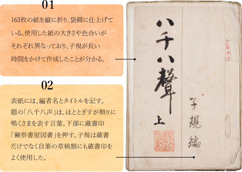 01.　163枚の紙を縦に折り、袋綴に仕上げている。使用した紙の大きさや色合いがそれぞれ異なっており、子規が長い時間をかけて作成したことが分かる。02.　表紙には、編者名とタイトルを記す。題の「八千八声」は、ほととぎすが頻りに鳴くさまを表す言葉。下部に蔵書印「獺祭書屋図書」を押す。子規は蔵書だけでなく自筆の草稿類にも蔵書印をよく使用した。