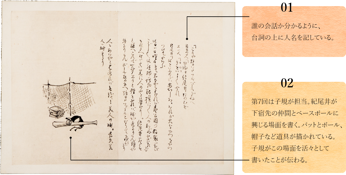 01.　誰の会話か分かるように、台詞の上に人名を記している。02.　第7回は子規が担当。紀尾井が下宿先の仲間とベースボールに興じる場面を書く。バットとボール、帽子など道具が描かれている。子規がこの場面を活々として書いたことが伝わる。