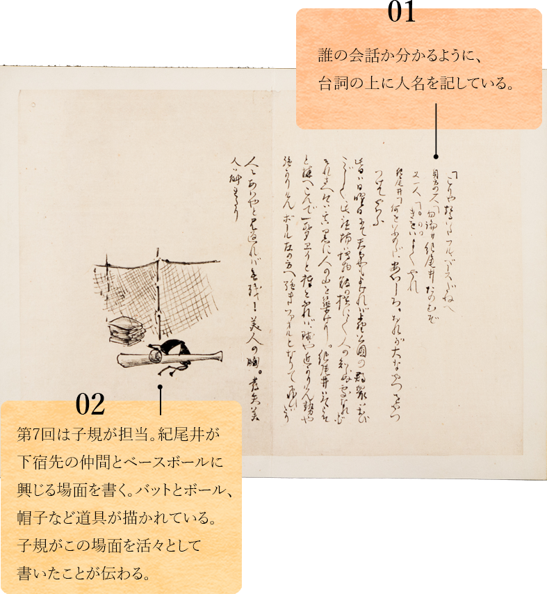 01.　誰の会話か分かるように、台詞の上に人名を記している。02.　第7回は子規が担当。紀尾井が下宿先の仲間とベースボールに興じる場面を書く。バットとボール、帽子など道具が描かれている。子規がこの場面を活々として書いたことが伝わる。